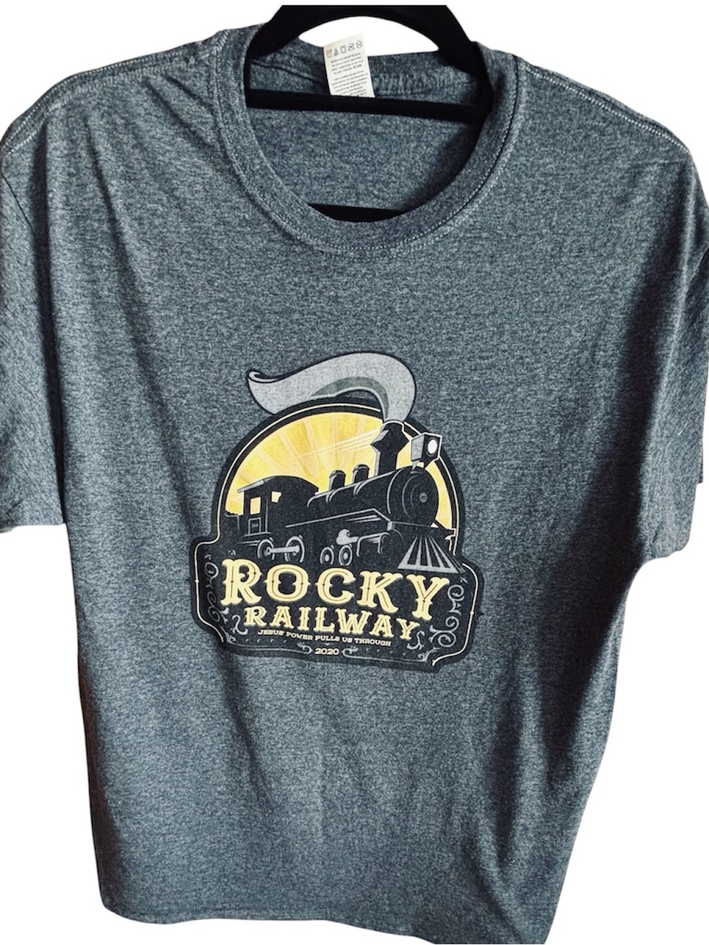 Women's or men's medium short sleeve tee with locomotive graphic and Trust Jesus